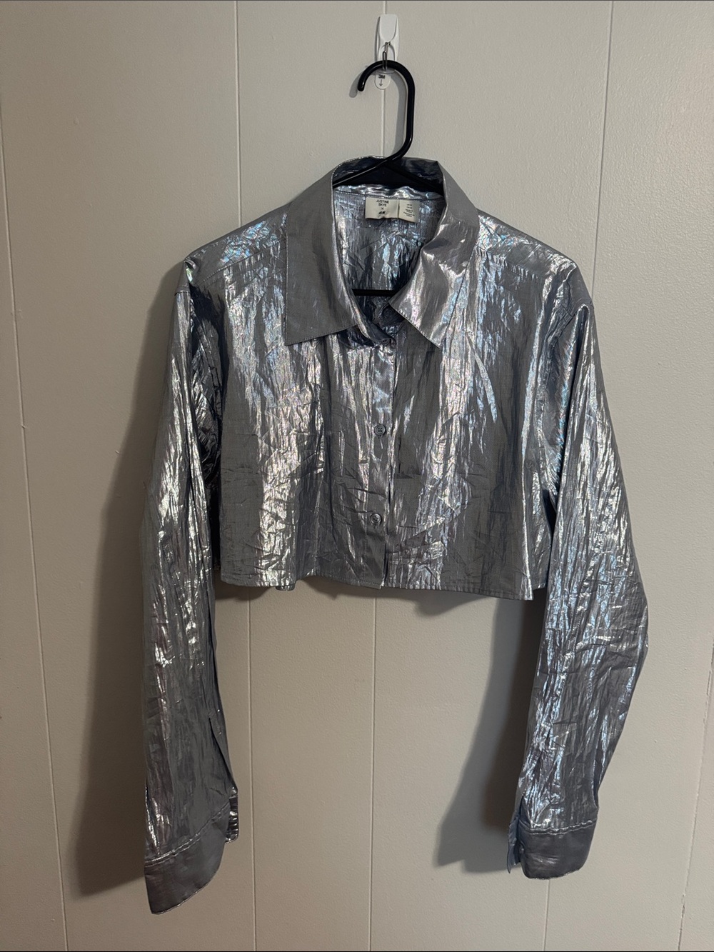 H&M Metallic Silver Cropped Button-Down Shirt